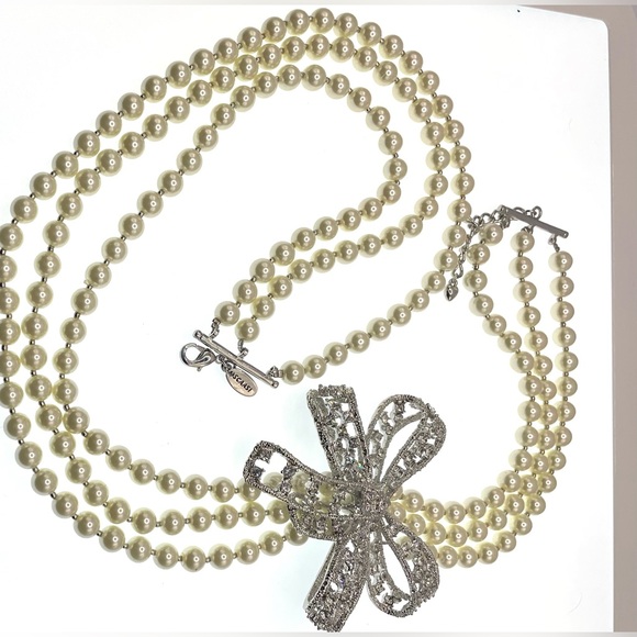 Vintage Signed Scaasi Pearl Necklace Crystal Bow Bold Statement Piece 80s 90s - Picture 4 of 10